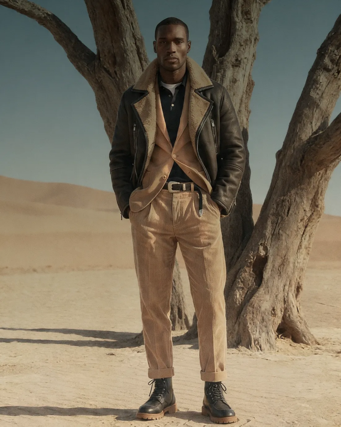 Recreated Brunello Cucinelli campaign image, arid dead-tree environment.